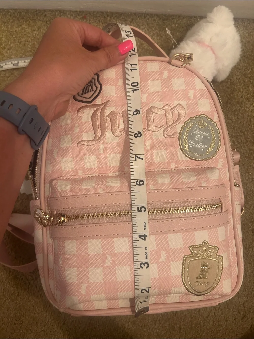 Juicy Couture Pink Gingham Mini Backpack with Fluffy Pom Charm